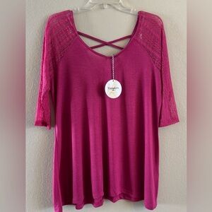 NWT Hayden Women’s Blouse Lace Shoulder And 3/4 Sleeves Large Top Fuchsia